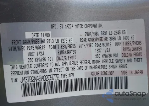 2010 Mazda Cx-9 Sport from USA, damaged, VIN JM3TB2MA5A0209779